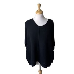 PLANET BY LAUREN G V Neck Chunky Knit Sweater 3/4 Sleeve One Size Black